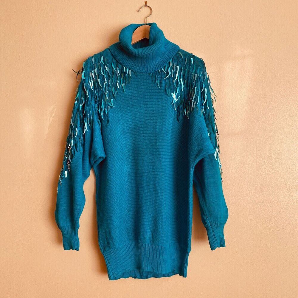 P.A. International M Teal/Blue Turtle Neck Tunic Sweater Beads Flair Totally 80s